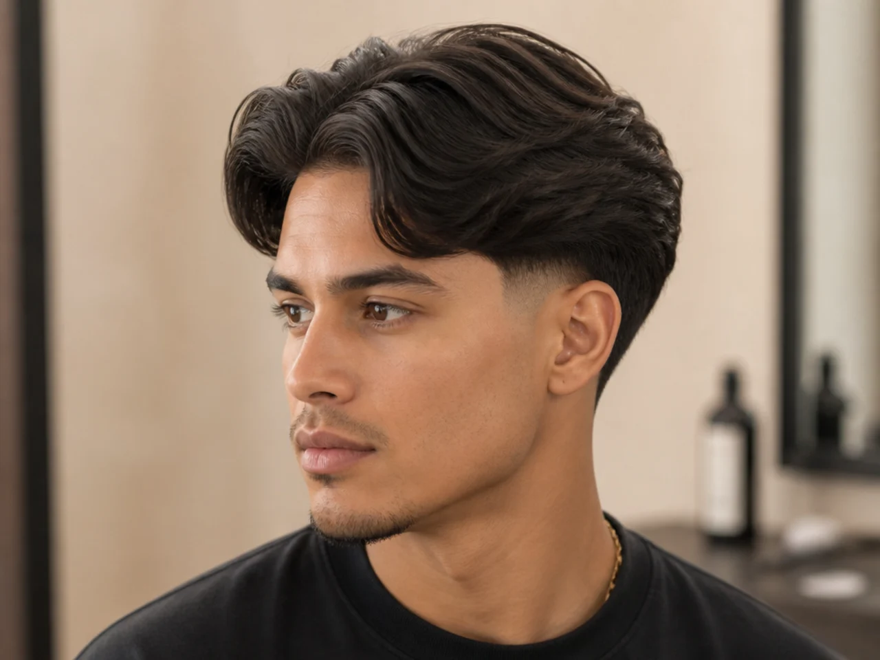 High blowout taper middle part with dramatic crown volume and short sides