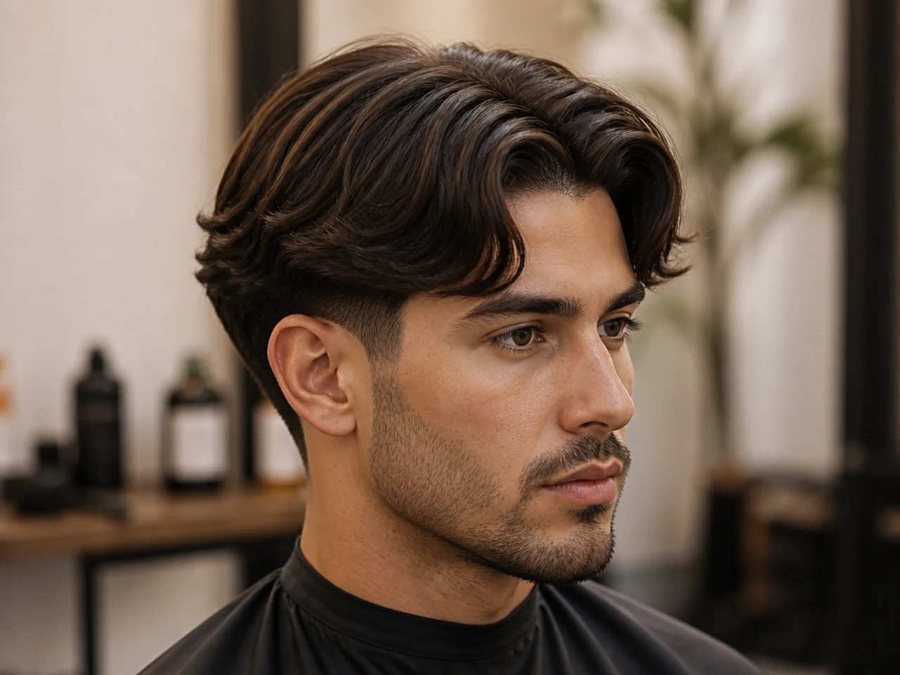 Low blowout taper middle part with soft sides and moderate crown volume