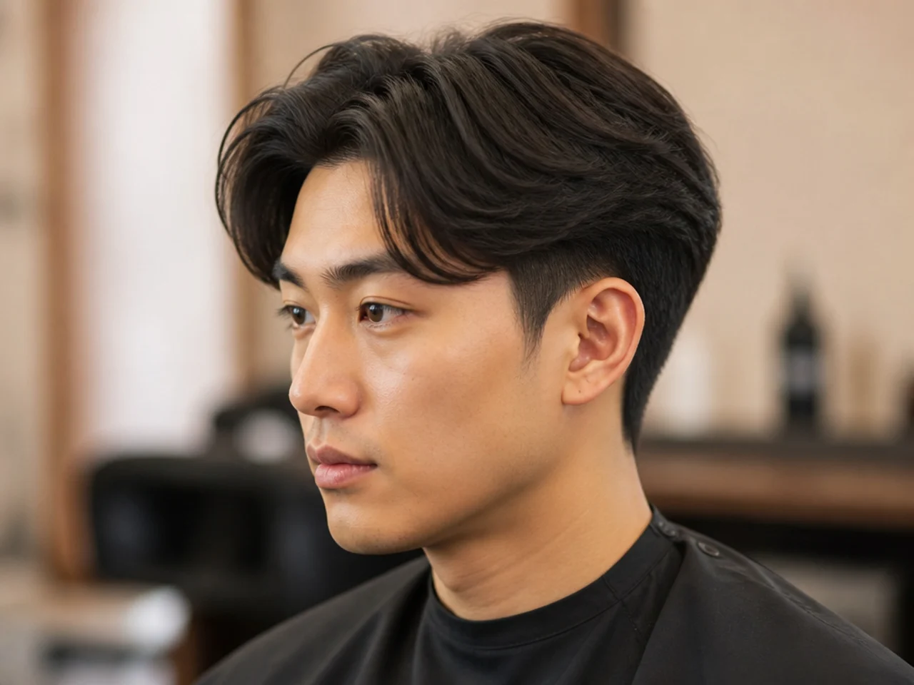 Client showing a reference photo of a blowout taper middle part to a barber in the chair