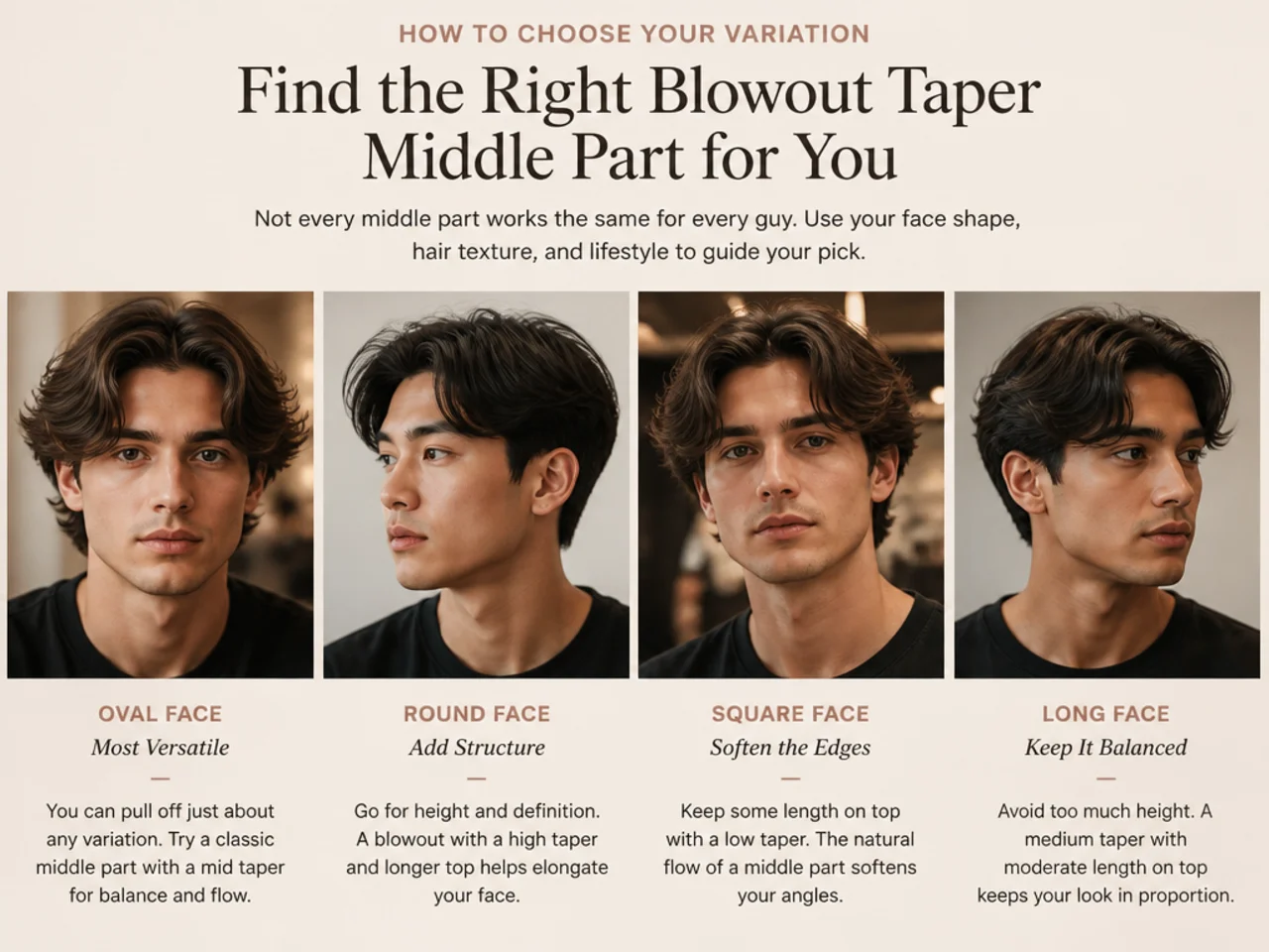 Three men side by side with straight, wavy, and curly blowout taper middle parts