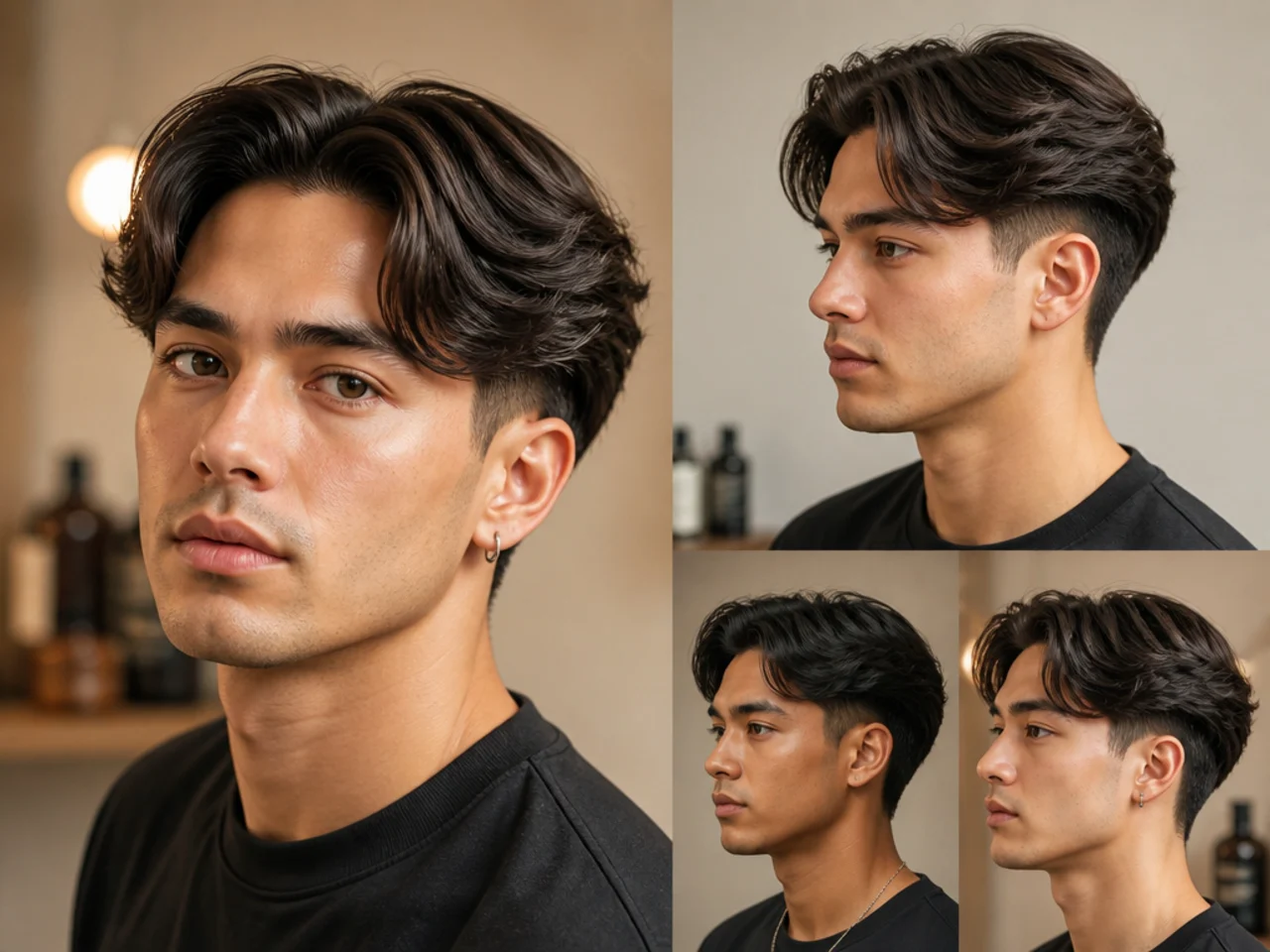 Styling essentials for a blowout taper middle part — round brush, blow-dryer, mousse, matte paste