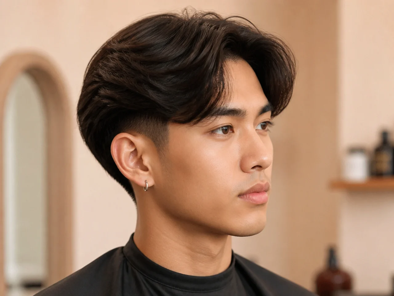 Blowout taper middle part on a young man with rounded volume on top and a soft taper blend above the ear