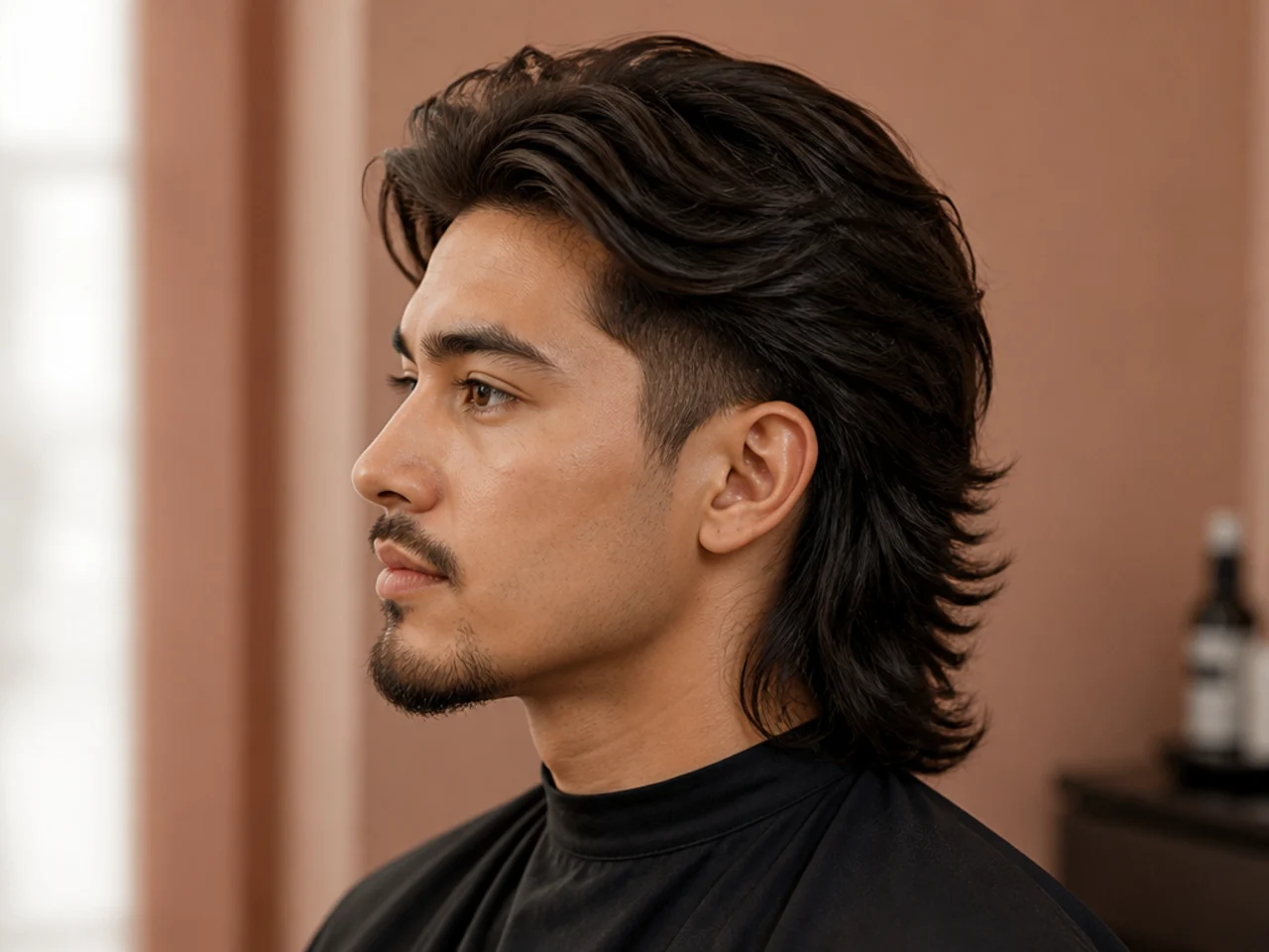 Long blowout taper mullet with the back reaching past the collar and heavy top volume