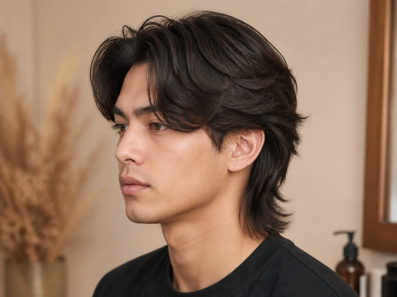 Blowout taper mullet with a middle part sending two curtains of hair down each side of the forehead