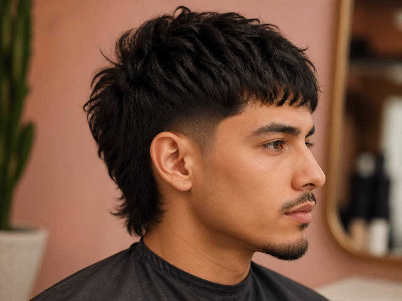 Edgar blowout taper mullet with a straight-across fringe cut across the forehead and lifted top volume behind it