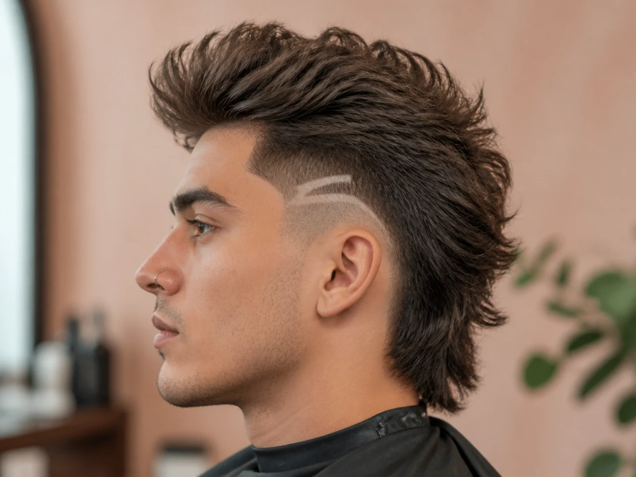 Blowout taper mullet with a shaved line design running through the sideburn taper and lifted top volume