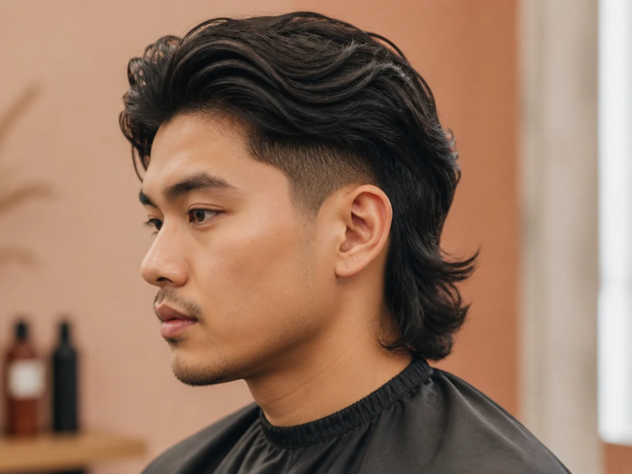 Low blowout taper mullet with a soft sideburn taper stopping above the ear and a lifted top volume