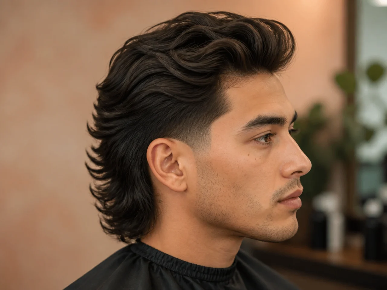 Mid blowout taper mullet with the taper starting at the temple line and lifted textured top