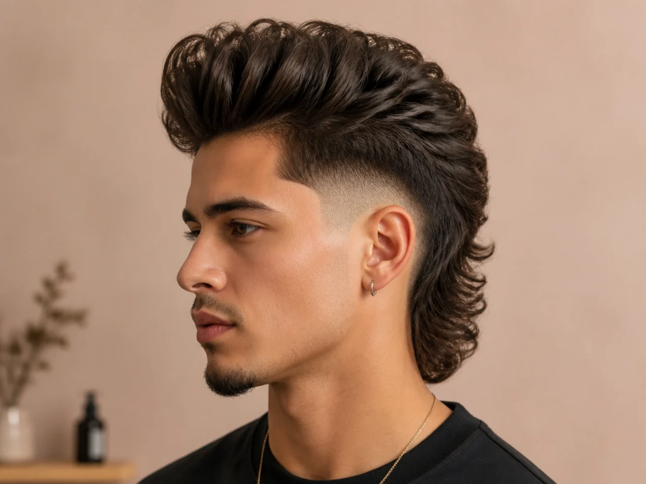 High blowout taper mullet with the taper starting near the parietal ridge and maximum top volume