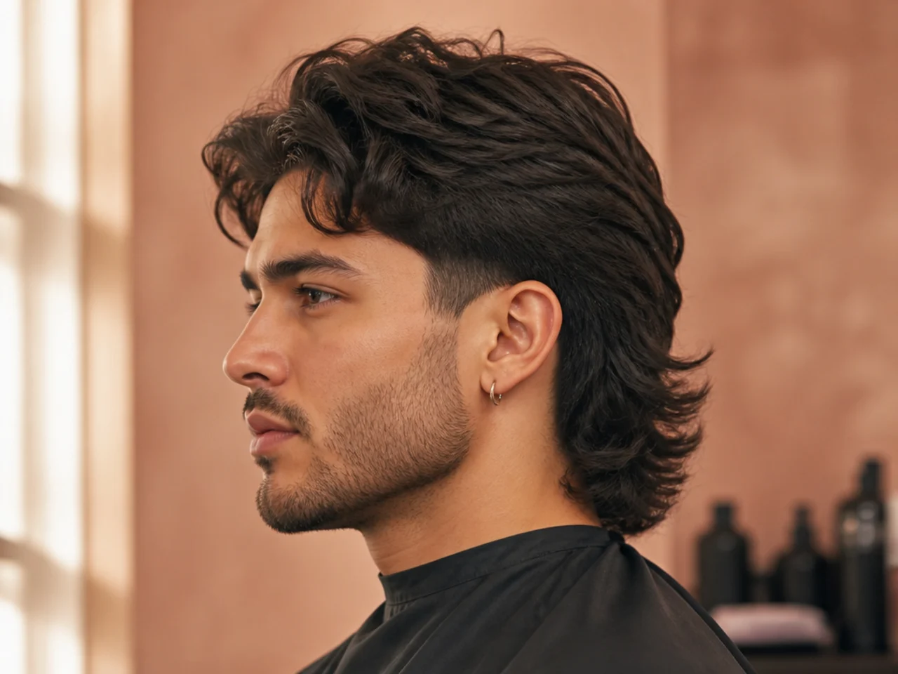 Drop blowout taper mullet with the taper curving down behind the ear and lifted top volume