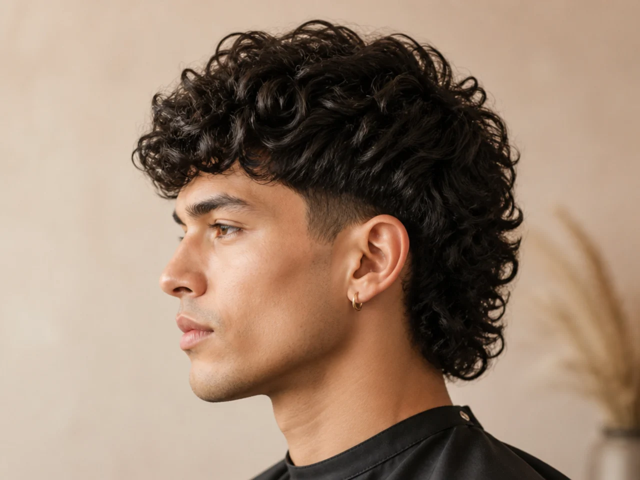 Curly blowout taper mullet on a man with type 3 curls on top and a defined sideburn taper