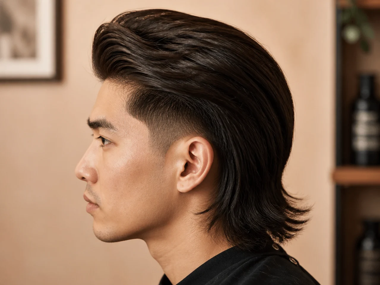 Straight hair blowout taper mullet with engineered top volume and clean lines through the sideburn taper