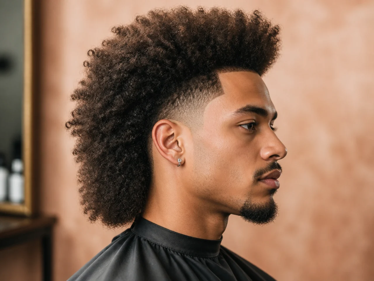 Afro blowout taper mullet on a Black man with a full coily top and layered mullet back