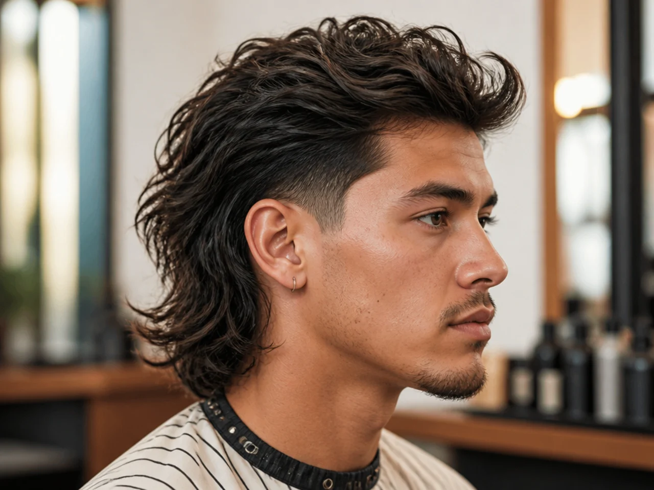 Barber and client discussing a blowout taper mullet reference photo in a modern barbershop
