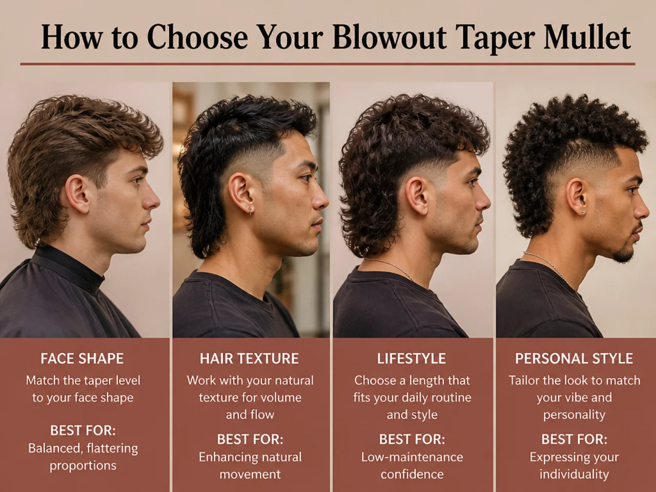 Comparison of three blowout taper mullet variations by taper height and back length on three different models