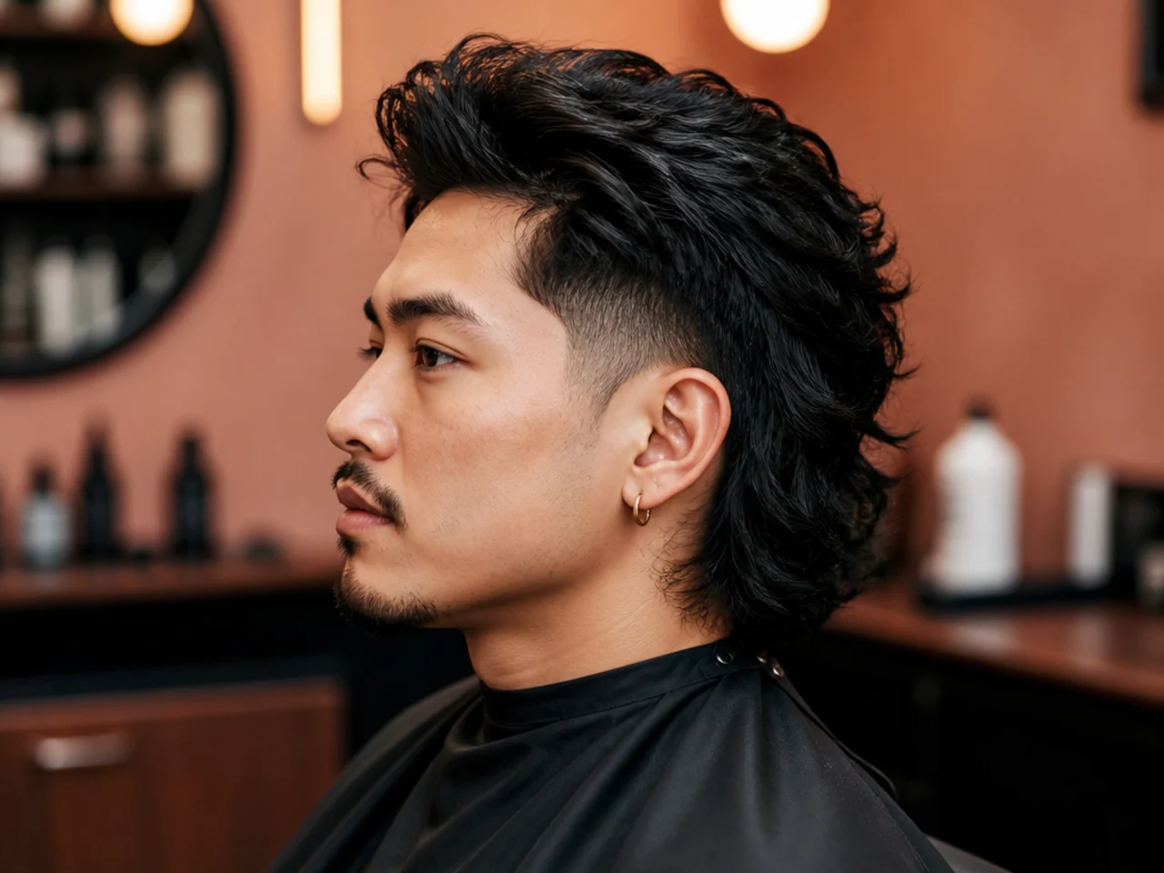 Styling products for a blowout taper mullet routine — matte clay, sea-salt spray, volumizing mousse, and a round brush