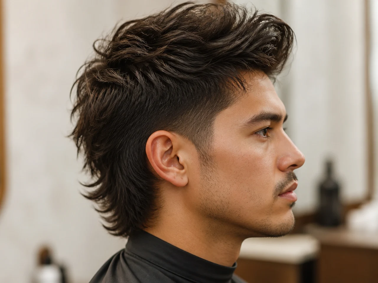 Side profile of a blowout taper mullet showing lifted top volume, soft sideburn taper, and layered mullet length in back