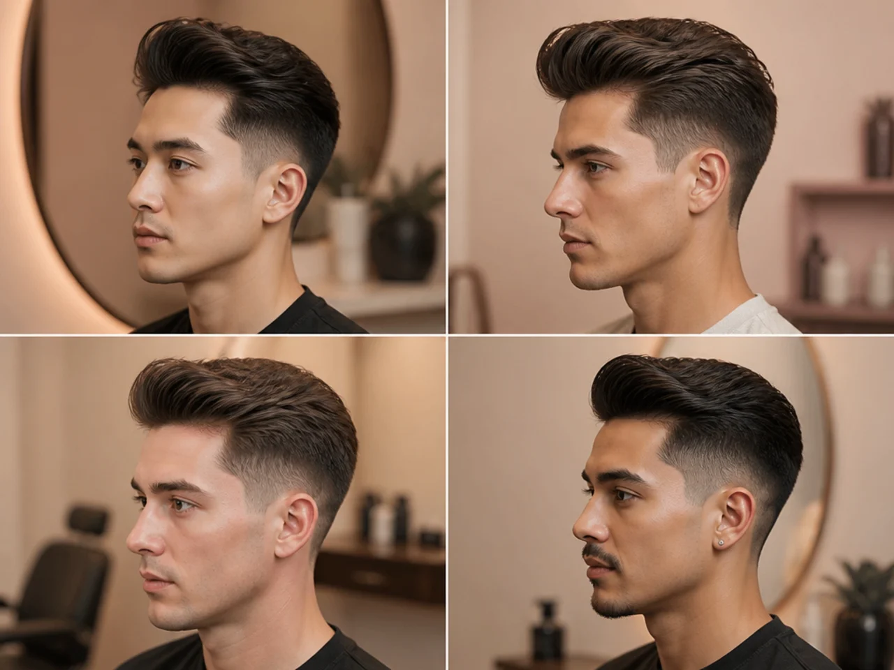 Quiff blowout taper on straight hair with textured lift at the front and clean tapered sides