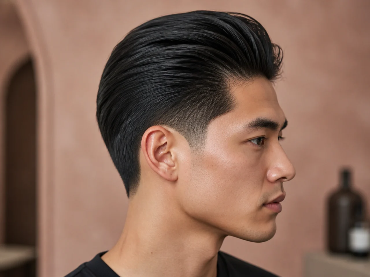 Slicked-back blowout taper on straight hair with volume built into the back-swept shape
