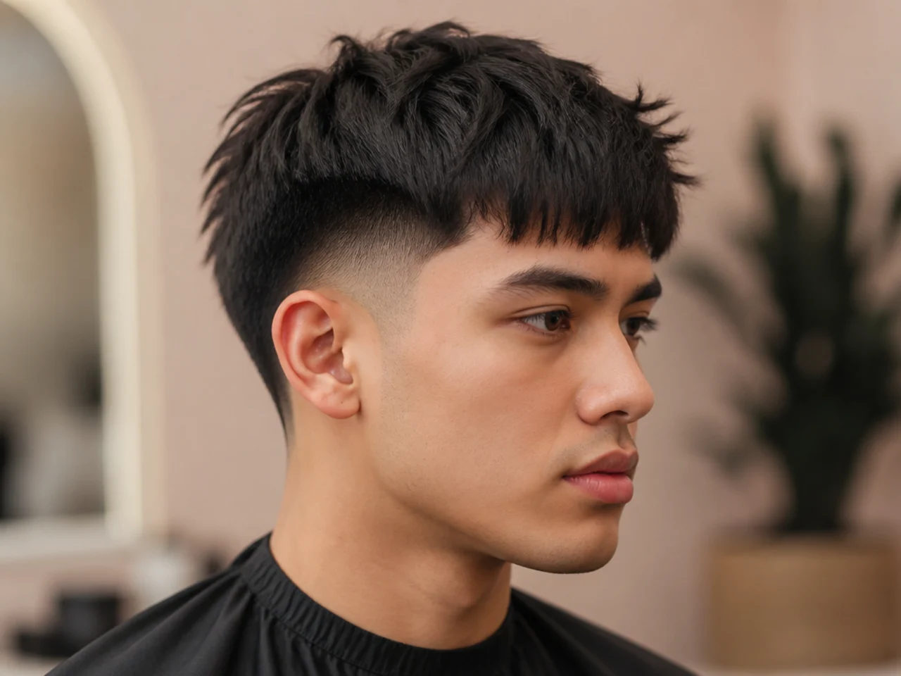 Blowout taper with a blunt Edgar fringe cut heavy across the forehead on straight hair