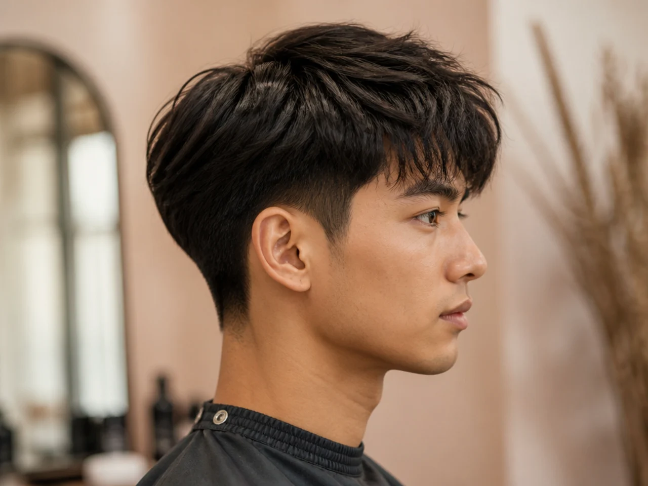 Blowout taper with a chopped textured fringe pushed forward on straight hair