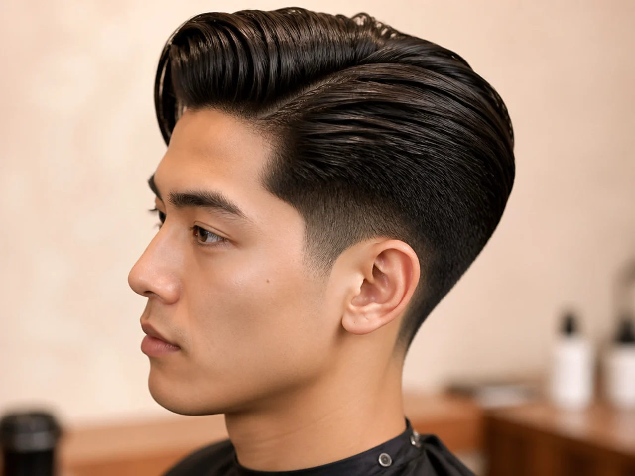 Blowout taper comb-over on straight hair with a hard part and structured sweep across