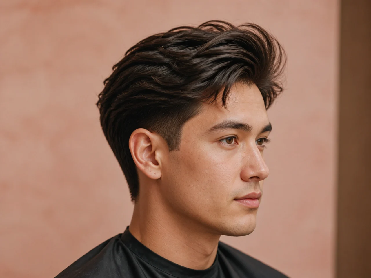 Long-top blowout taper on thick straight hair with six inches of length and full crown volume
