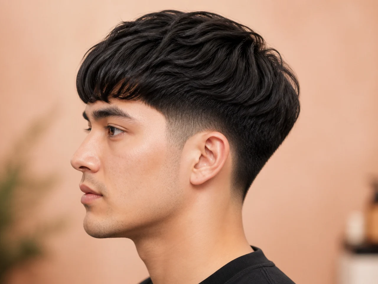 Mid taper blowout with a rounded crown on thick straight hair viewed from three-quarter angle
