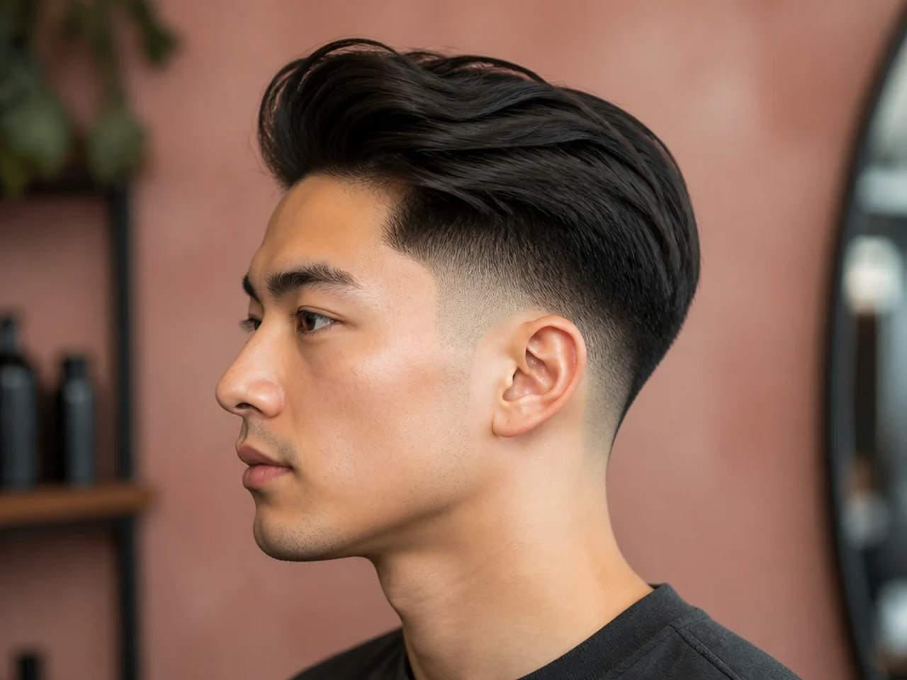 Low skin fade blowout on straight dark hair with a clean bare temple line