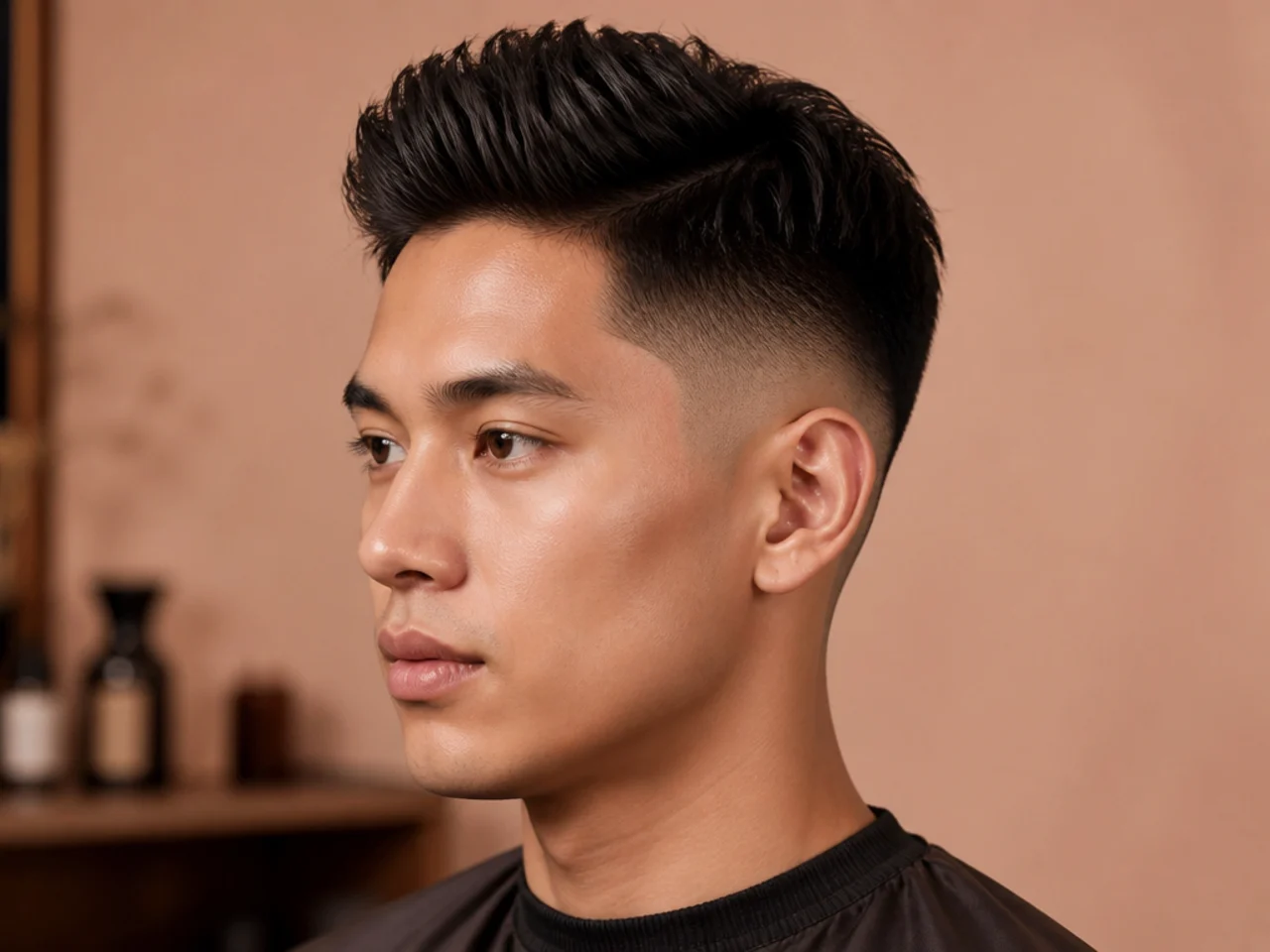 Mid skin fade blowout with a structured architectural top on straight hair