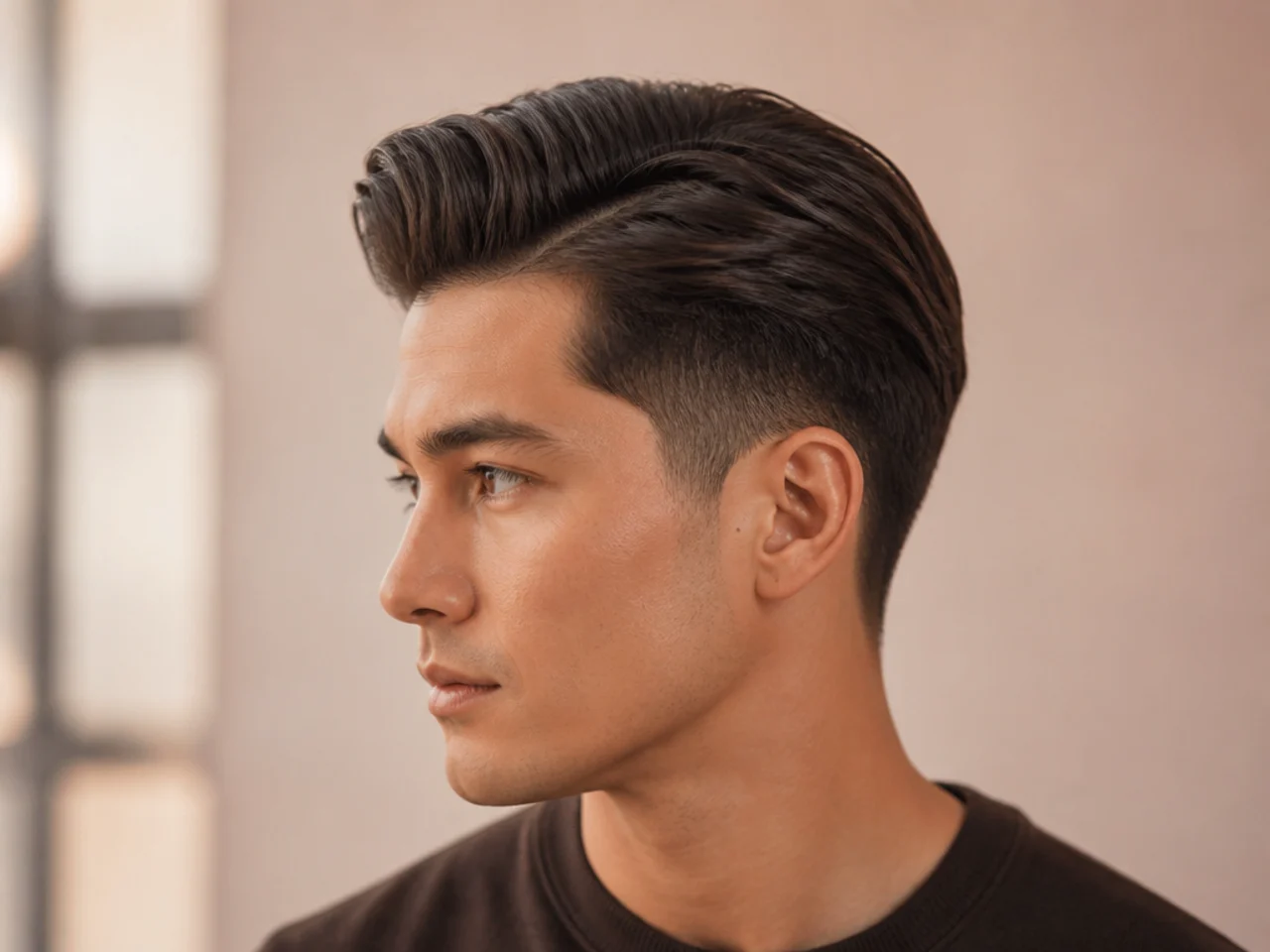 Blowout taper with a scissor-carved side part on straight hair with volume swept back