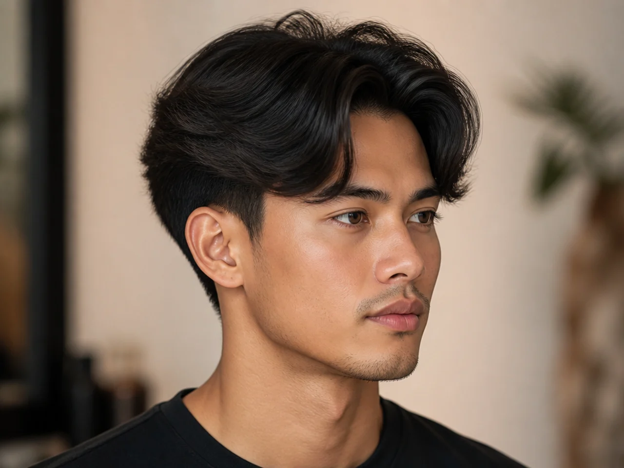 Blowout taper with a soft middle part on straight hair falling to both sides