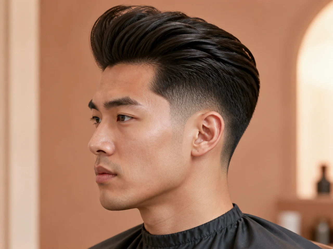 Blowout taper pompadour on thick straight hair with tall front volume swept back
