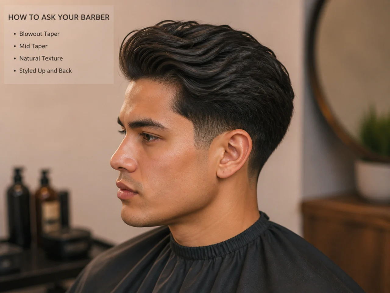 Barber holding up a photo of a blowout taper haircut for a client with straight hair during consultation