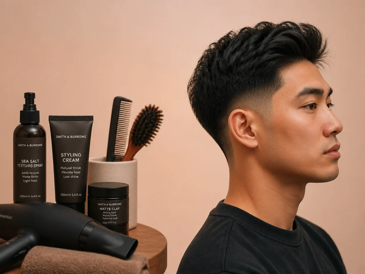 Flat lay of products and tools for a straight-hair blowout taper — round brush, blow dryer, mousse, matte paste, texture powder