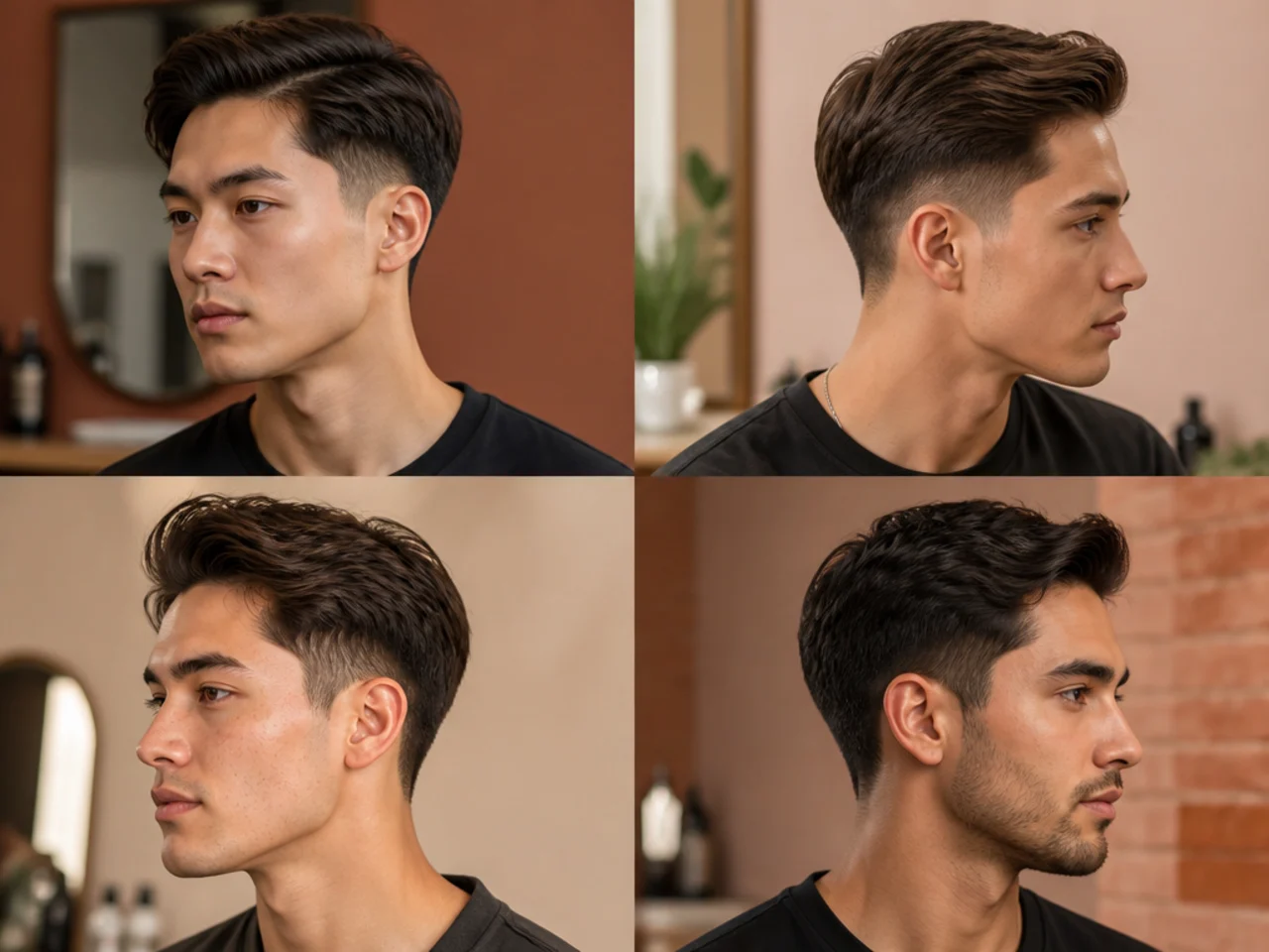 Man styling a blowout taper at home with a round brush and blow dryer in front of a bathroom mirror