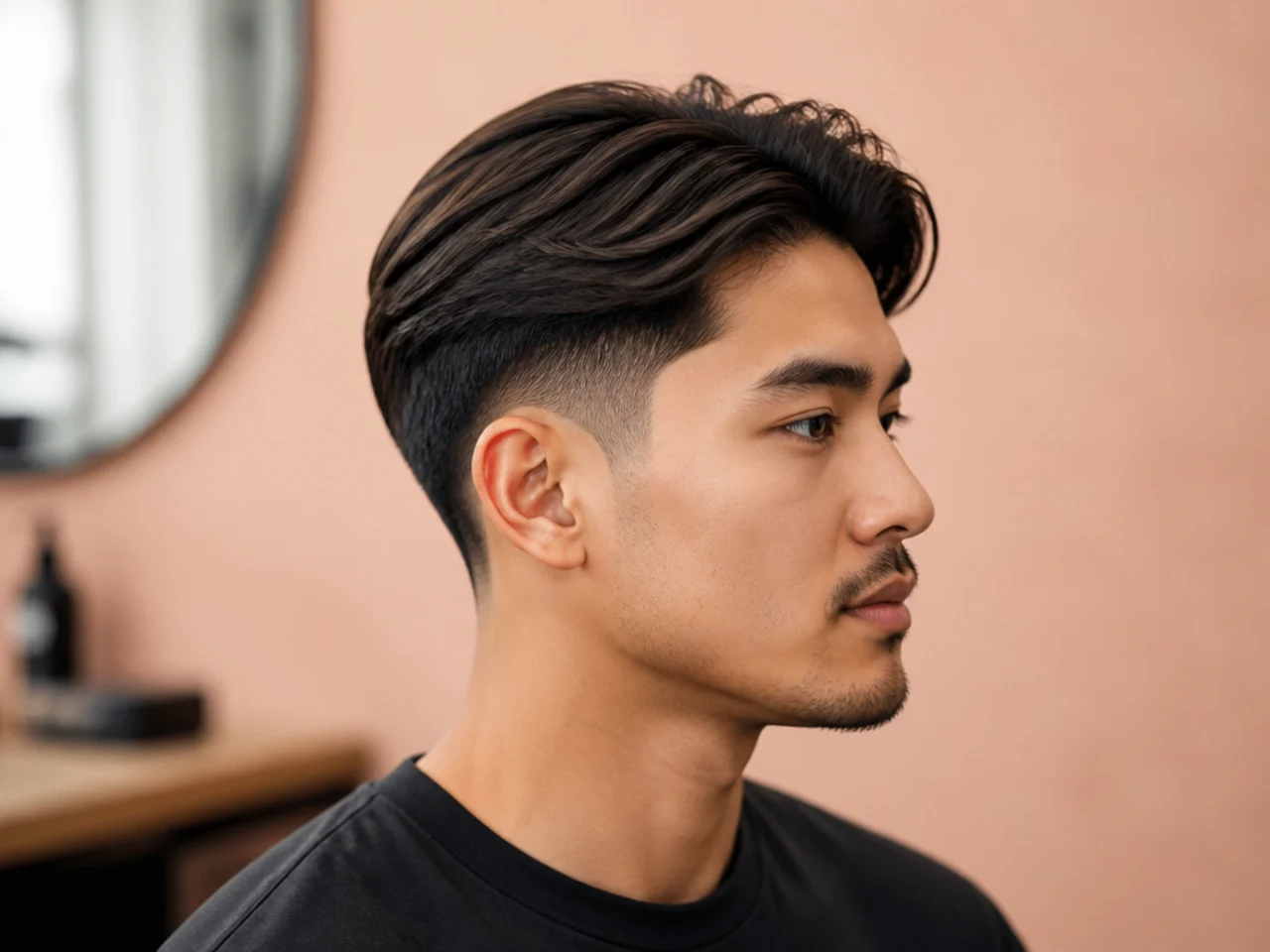 Side profile of a mid blowout taper on straight hair with a rounded round-brush crown