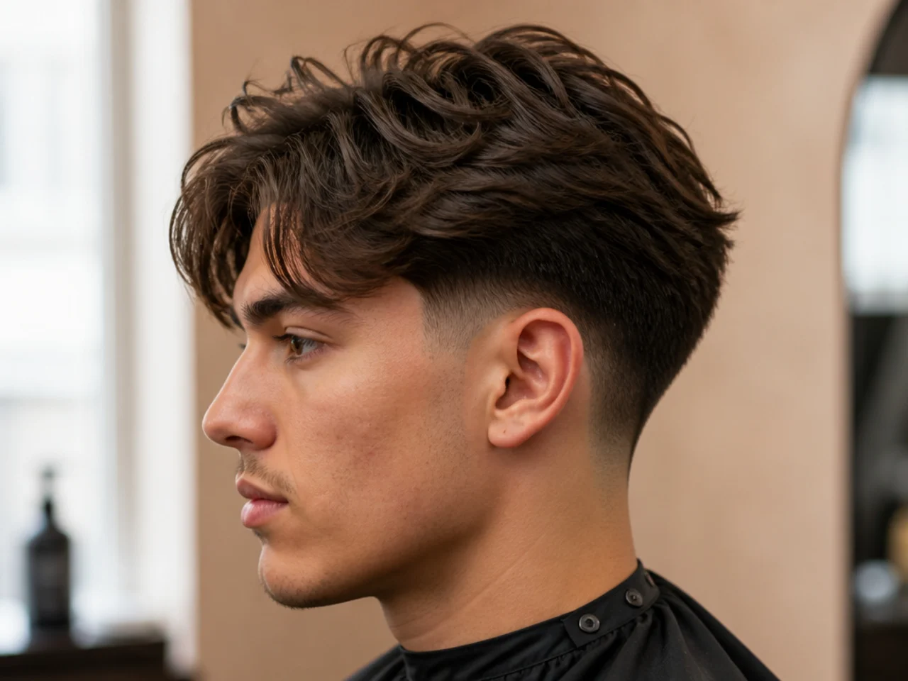 Blowout taper with a curtain textured fringe parted middle and sweeping outward on wavy brown hair