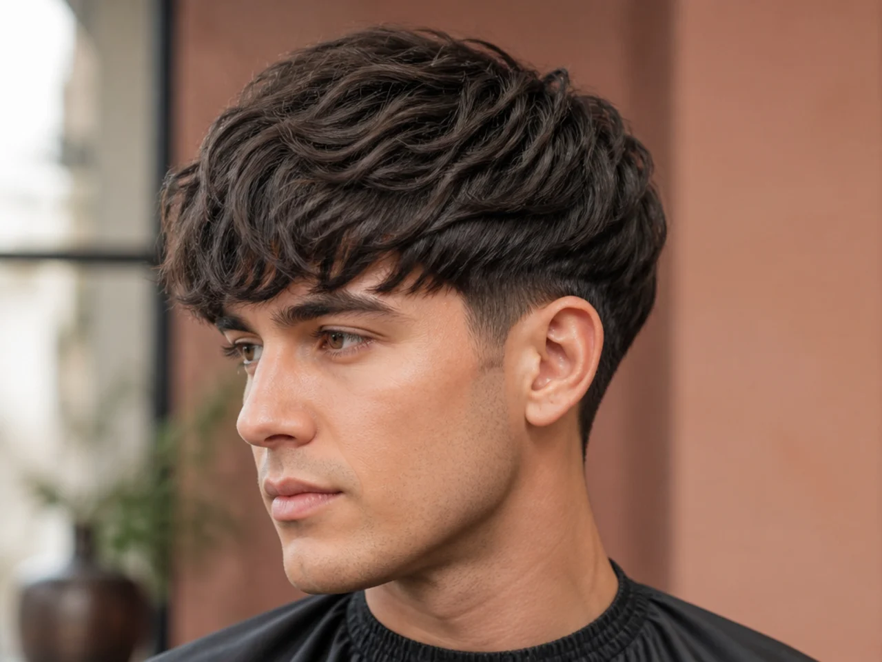 Brow-skimming textured fringe blowout taper with the fringe landing right at eyebrow level on straight brown hair