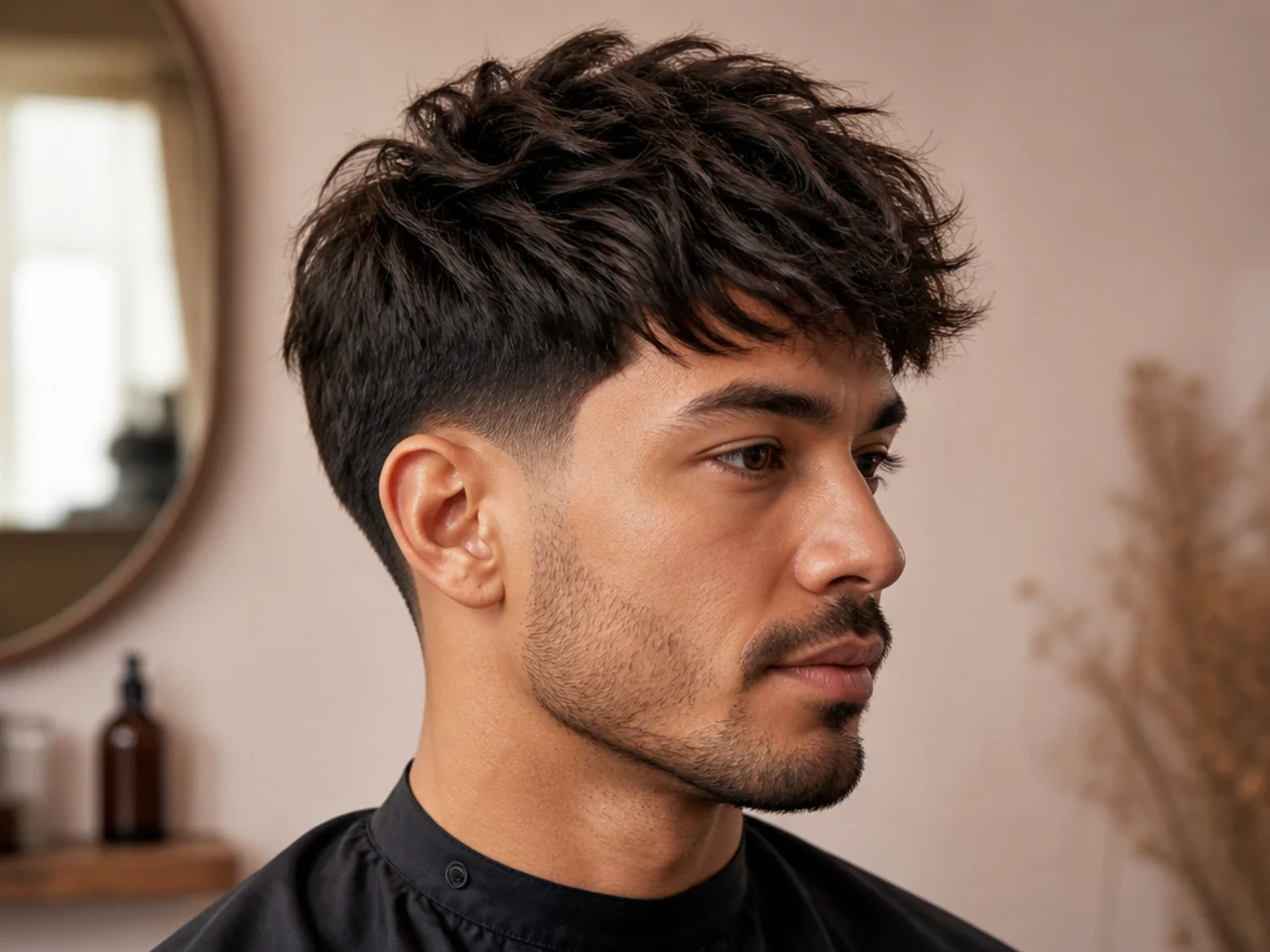 Blowout taper with a choppy textured fringe, uneven razored ends over the forehead on straight hair
