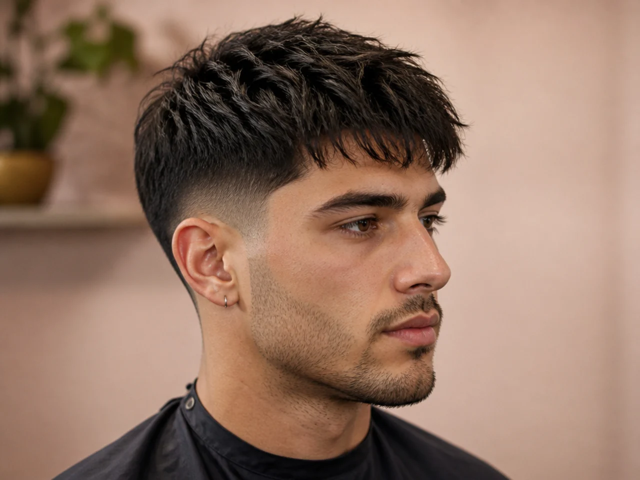Cropped blowout taper with a short textured fringe on dark straight hair, low-maintenance modern crop