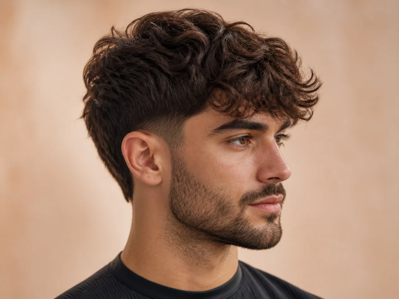 Blowout taper with a wavy textured fringe on 2B hair, natural wave pattern visible in the brow-length front pieces