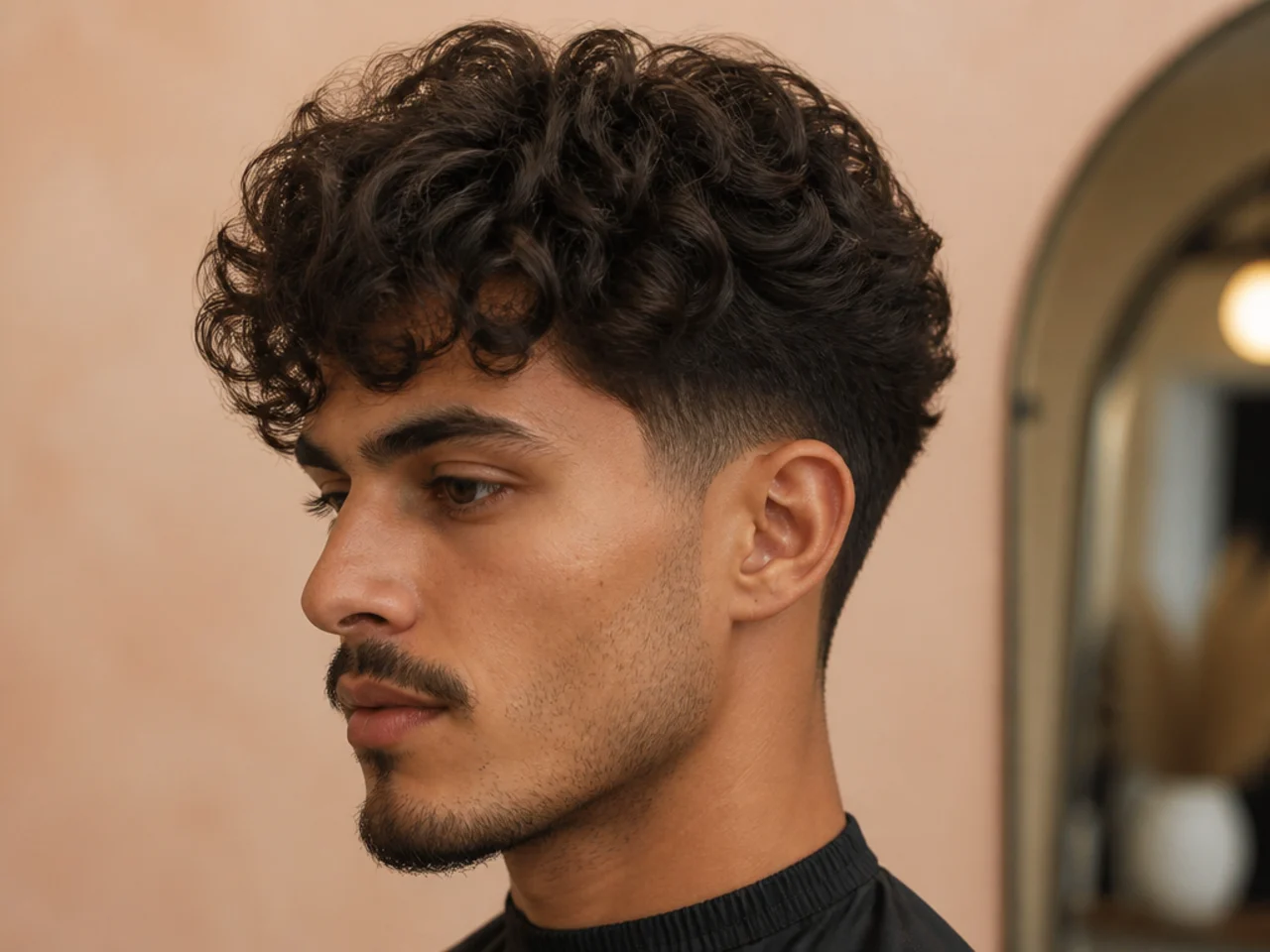 Blowout taper with a curly textured fringe on 3A hair, natural spiral pattern falling over the forehead