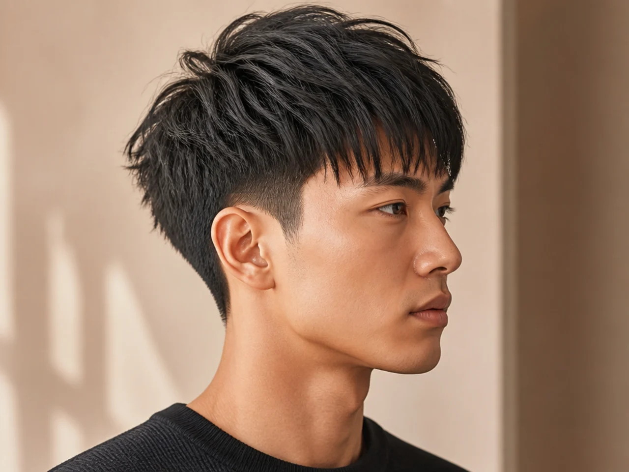 Blowout taper with a straight piecey fringe on Asian straight hair, separated brow-length front pieces