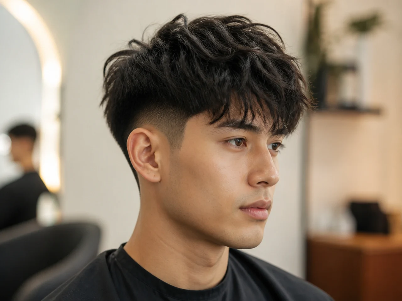 Two block blowout taper with a textured fringe, longer top layer over hidden short block on Asian straight hair