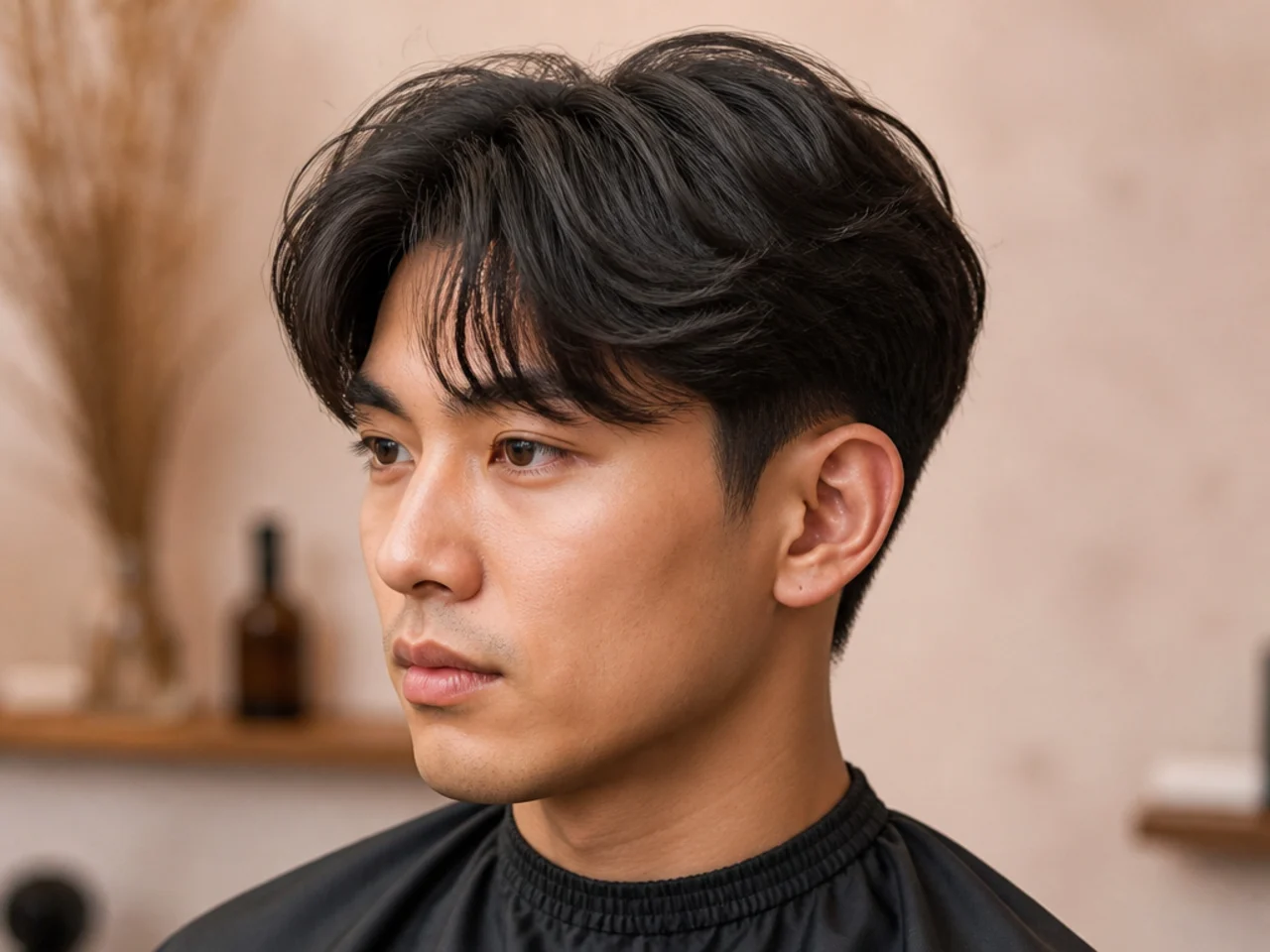 Middle part blowout taper with a textured fringe split down the center and swept outward on brown hair