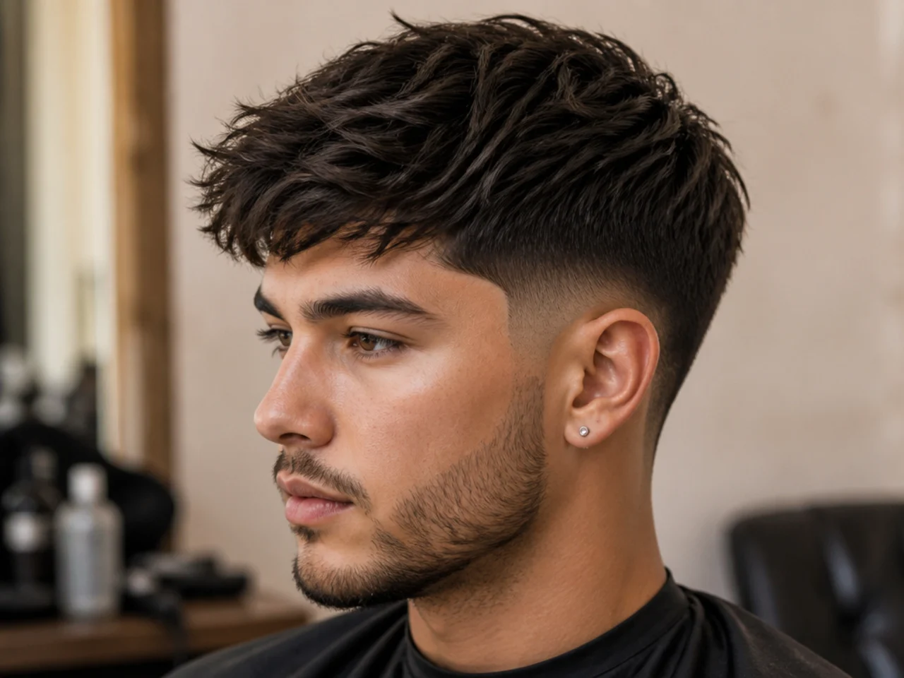 Textured fringe blowout taper with a sharp razored line-up at the forehead on Black hair