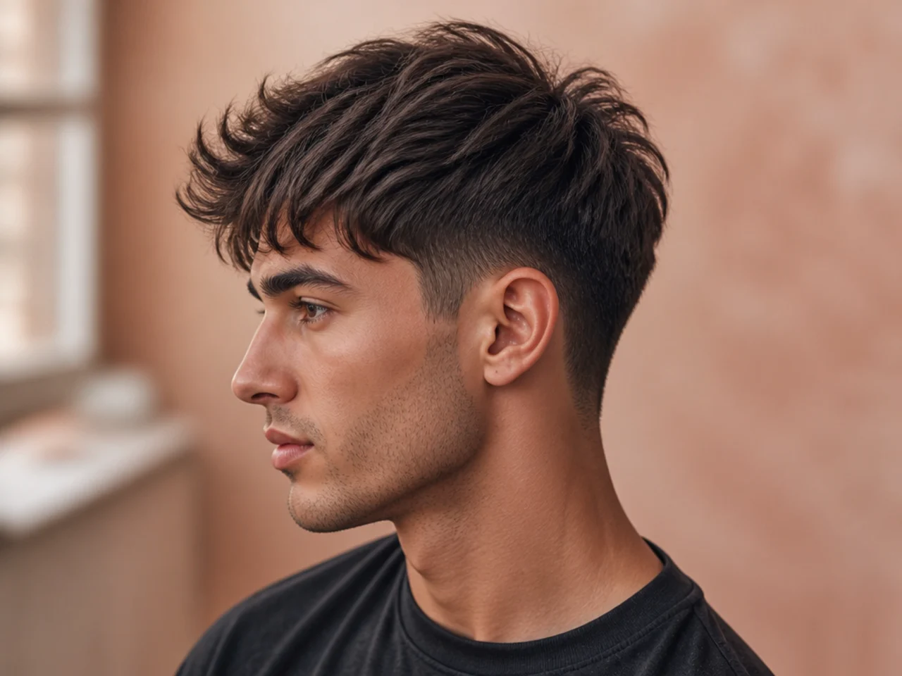 Low blowout taper with a piecey textured fringe above the ear on wavy dark hair