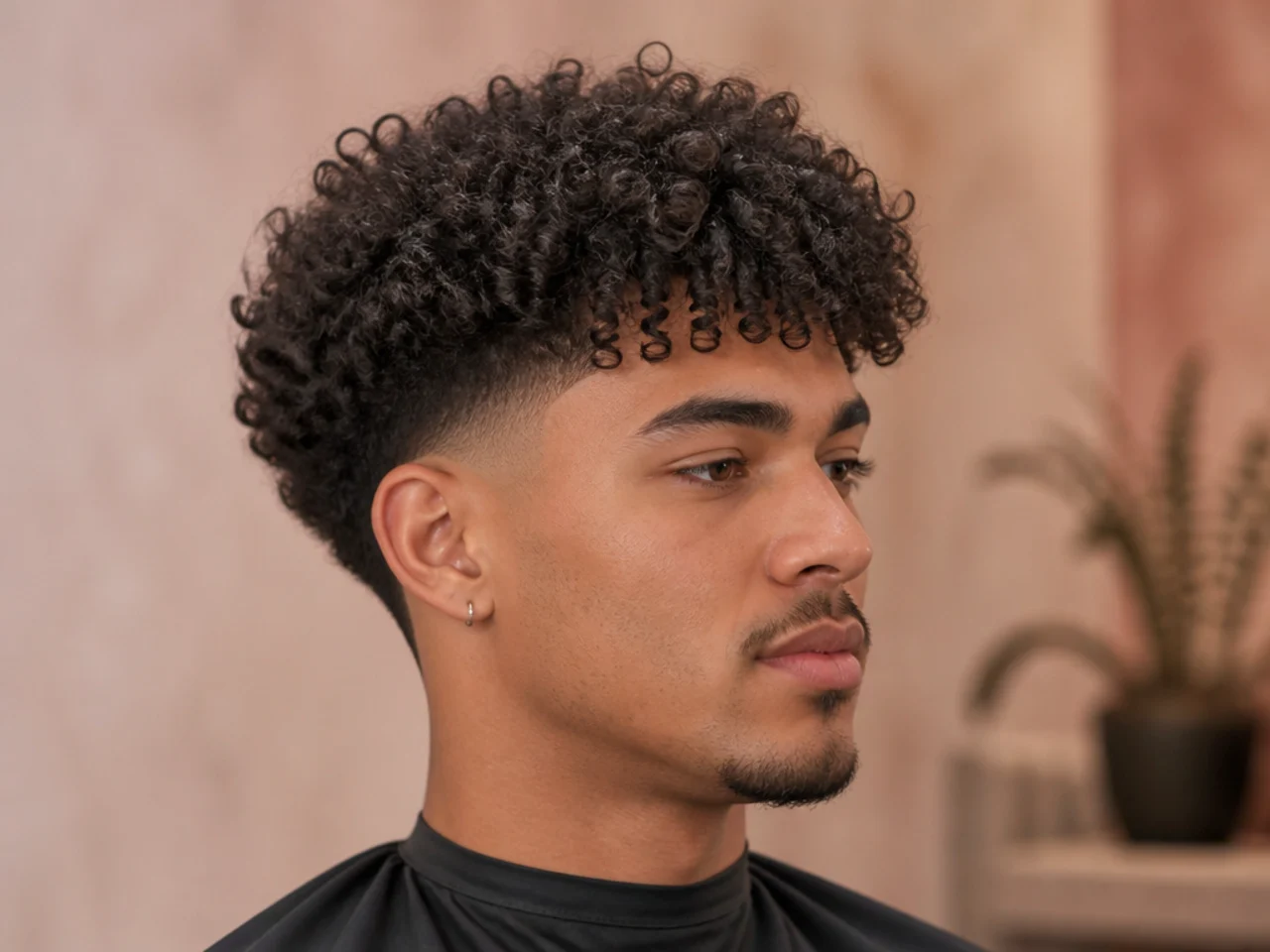 Broccoli blowout taper with a textured fringe, dense curly top with piecey brow-length front on permed hair