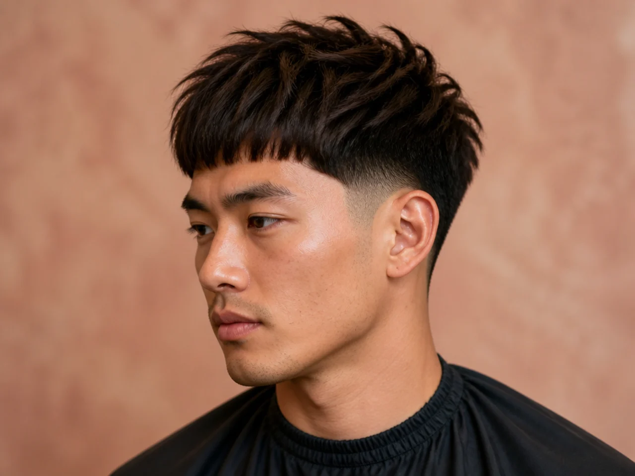 High blowout taper with a sharp textured fringe on straight hair, dramatic contrast between skin-close taper and full top